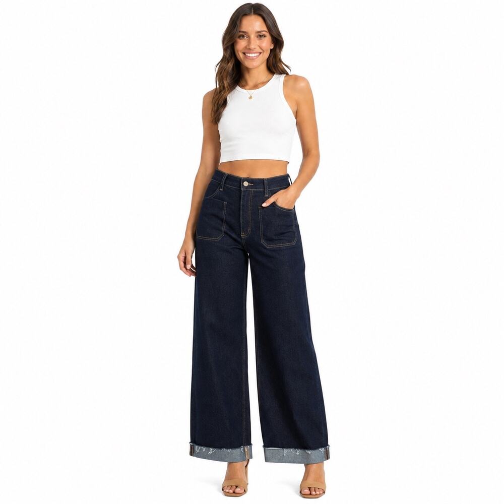 Hint of Blu Happy + Mighty High Rise Wide Leg Jeans 28 NWT Raw Hem